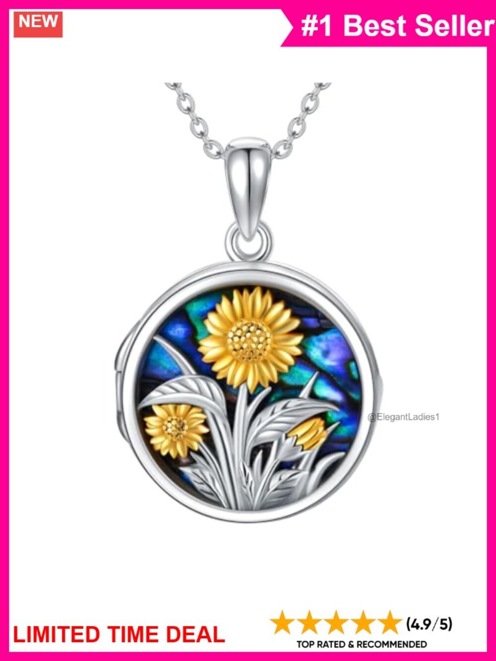 Sterling Silver Sunflower Locket Necklace Adjustable Photo Jewelry Gift